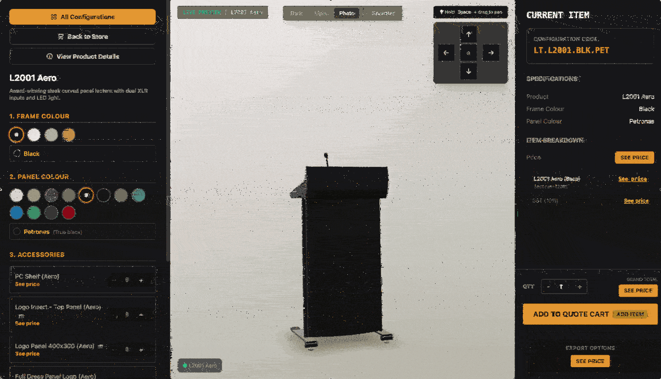 Lectrum 3D configurator — choose colours and accessories on a live L2001 Aero model